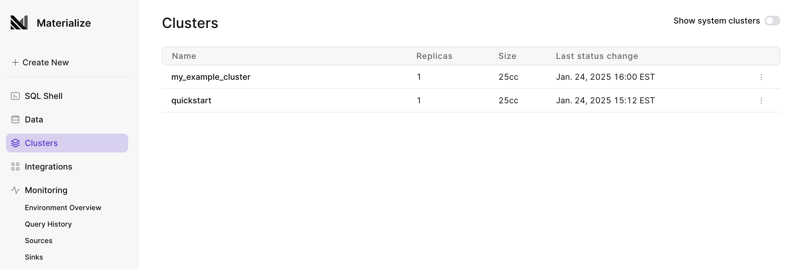 Clusters page
listing your clusters Image of Clusters page